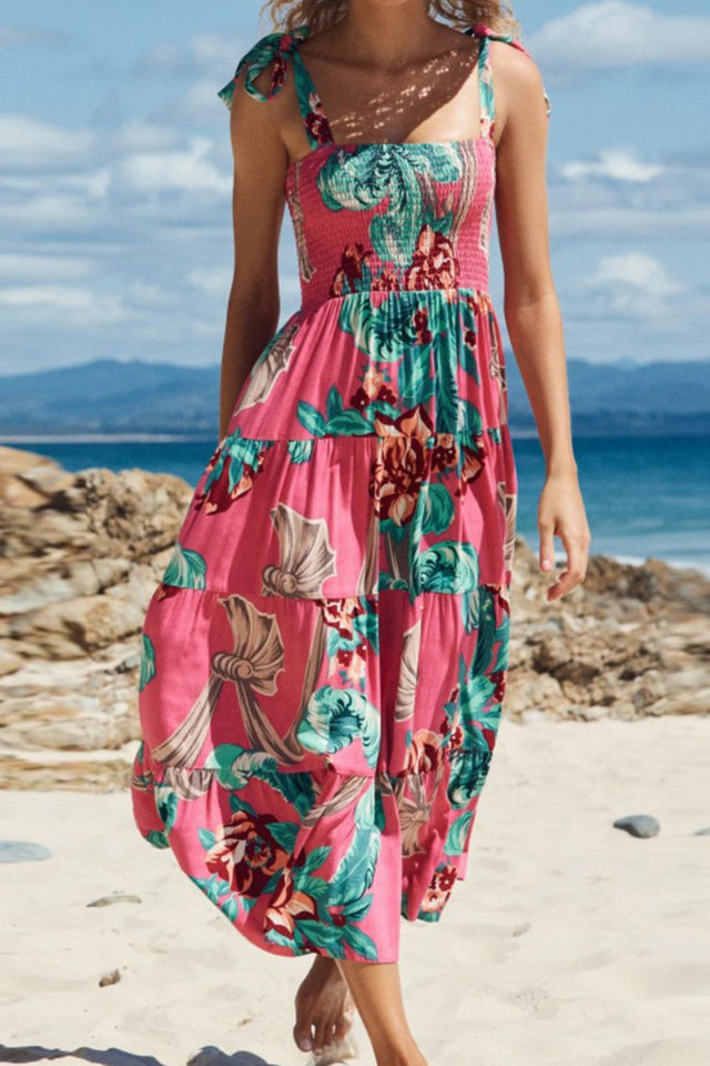 Floral Smocked Tie-Shoulder Tiered Midi Dress.