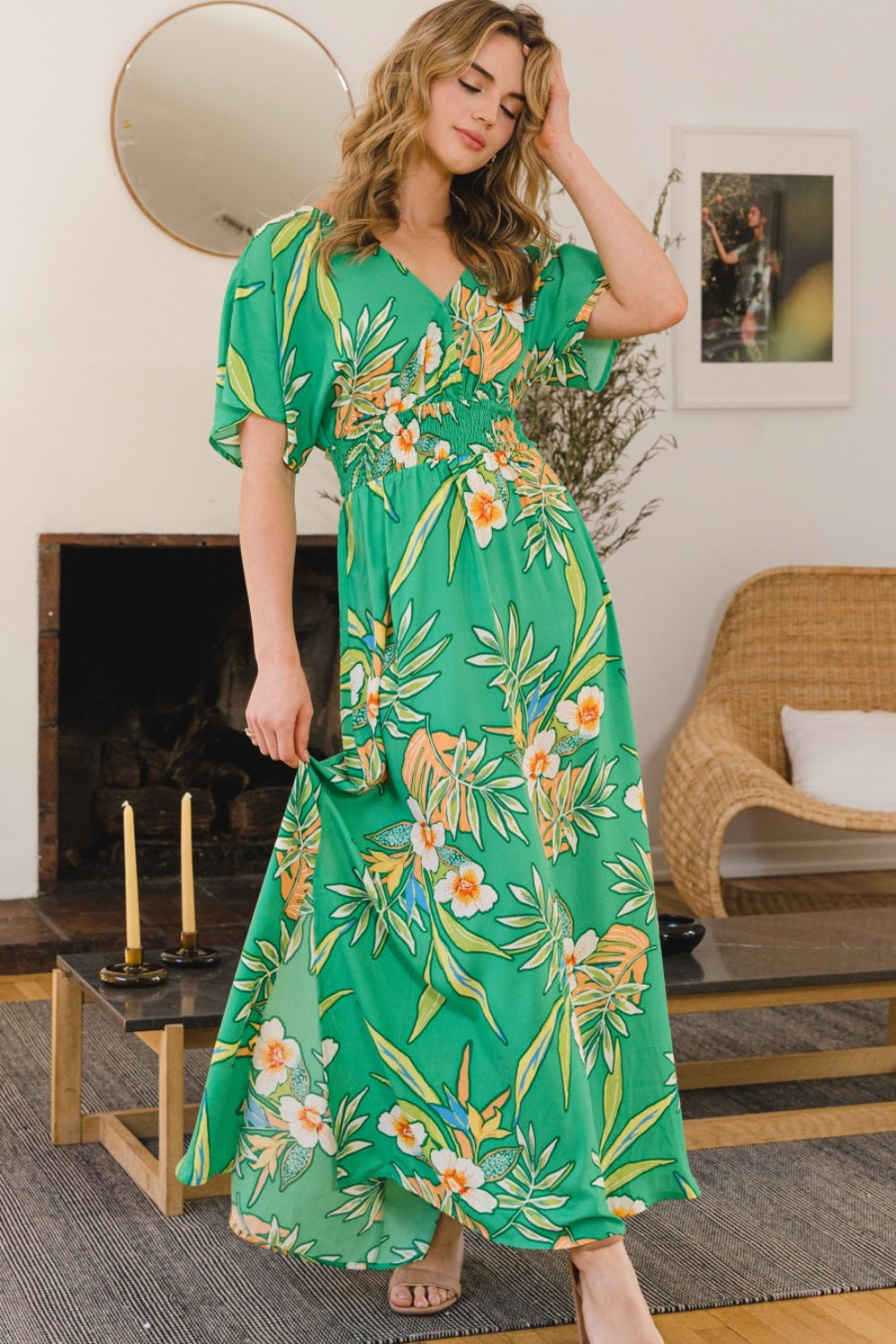 Oddi Plus Size Floral Smocked Tied Back Maxi Dress.