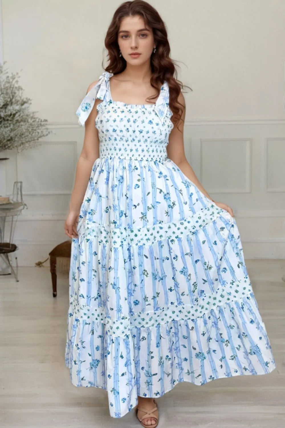 Floral Smocked Tied Straps A-Lined Tiered Dress.
