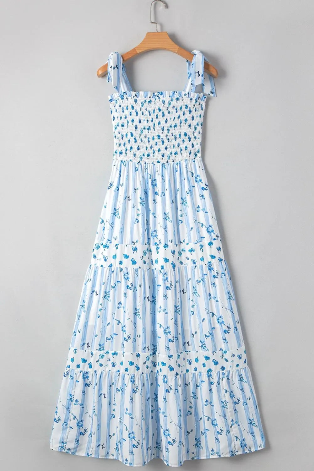 Floral Smocked Tied Straps A-Lined Tiered Dress.