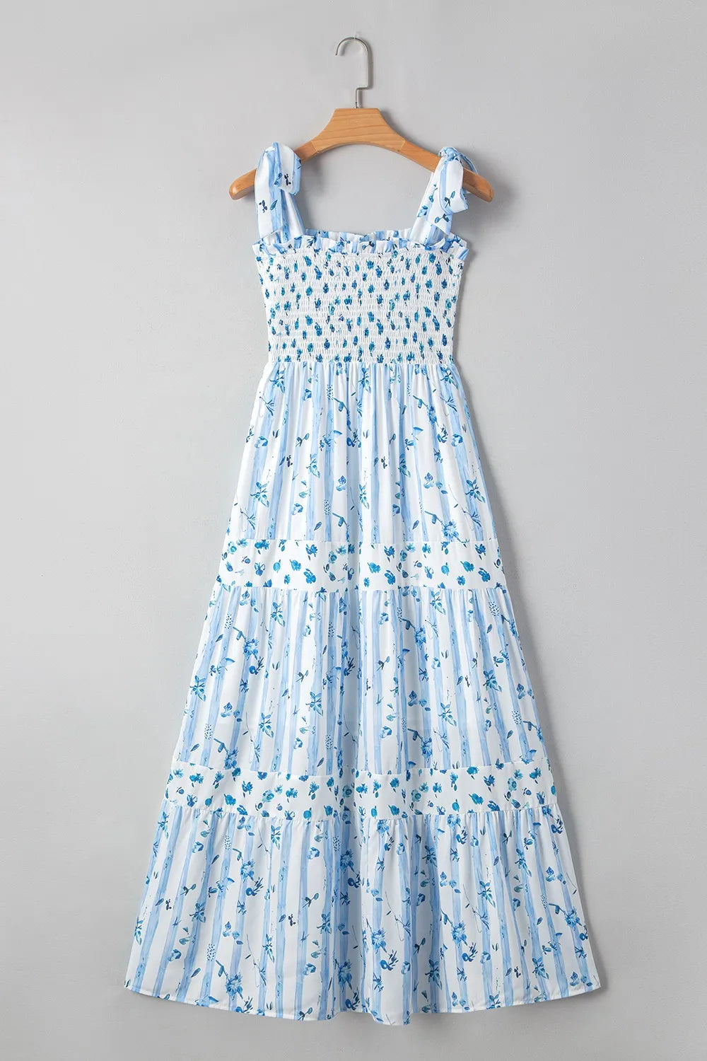 Floral Smocked Tied Straps A-Lined Tiered Dress.