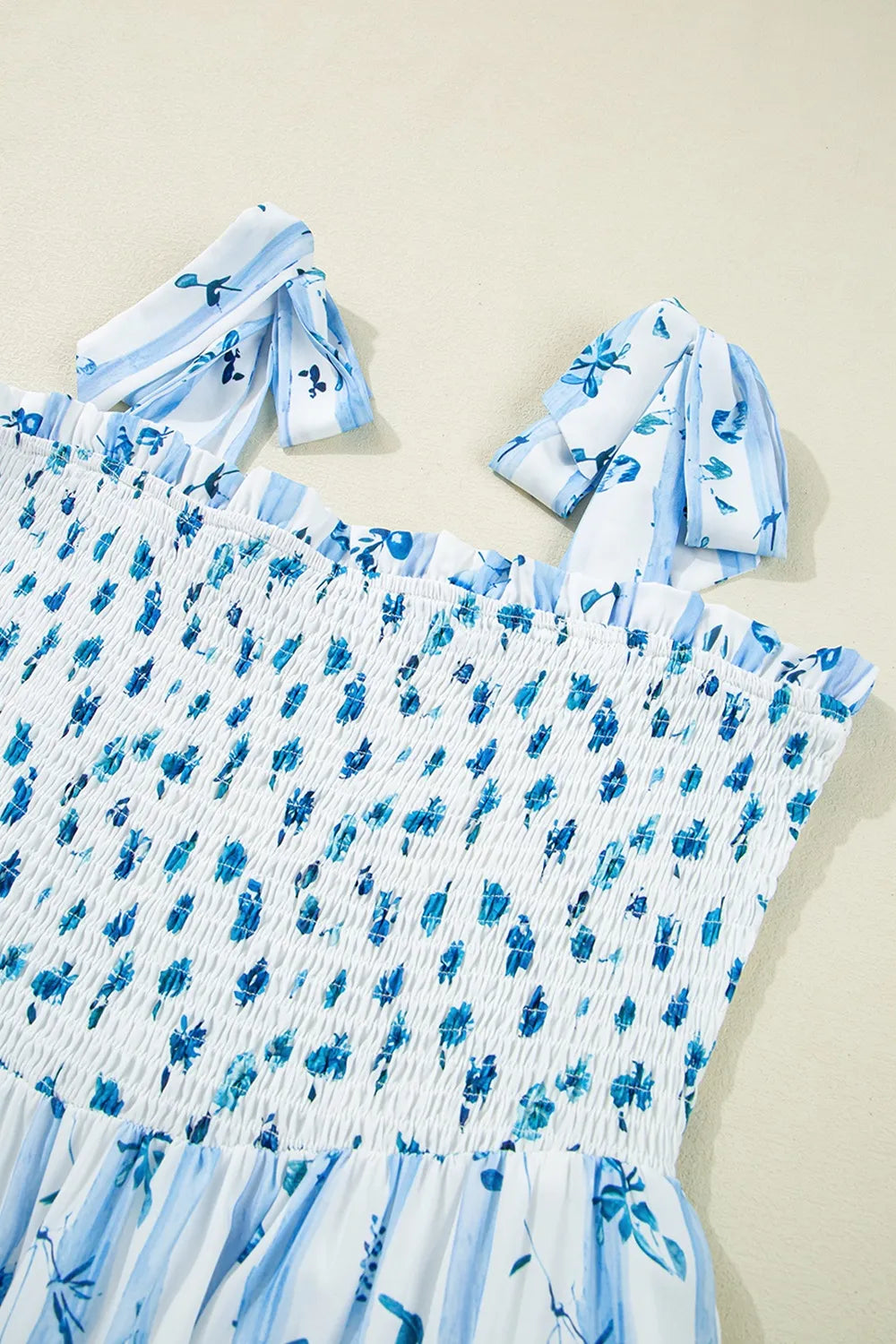 Floral Smocked Tied Straps A-Lined Tiered Dress.