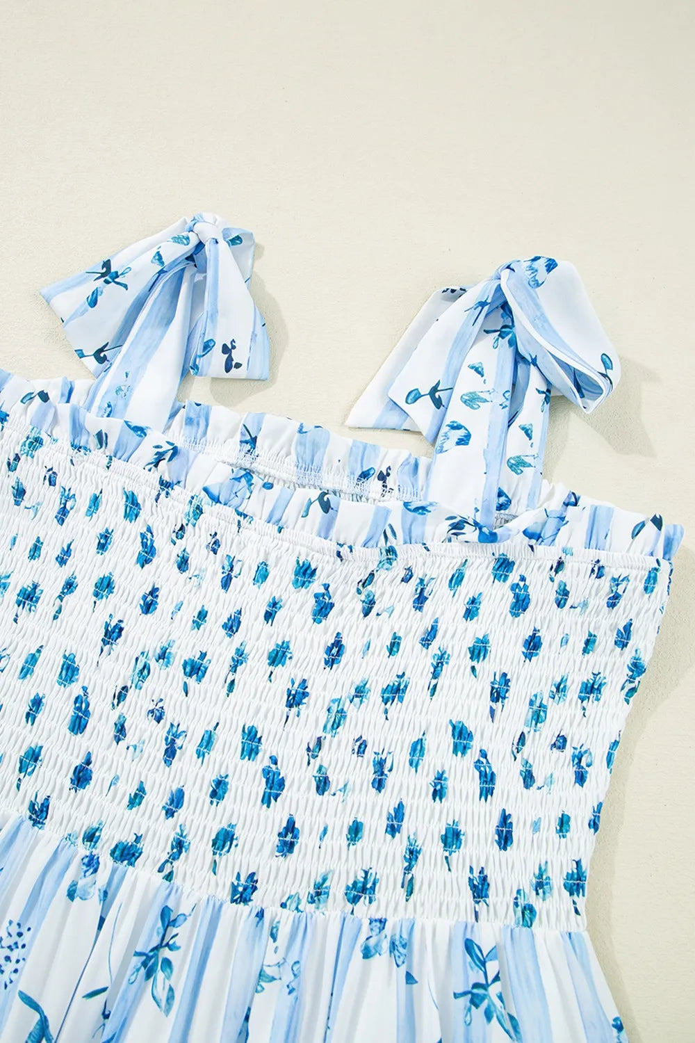 Floral Smocked Tied Straps A-Lined Tiered Dress.