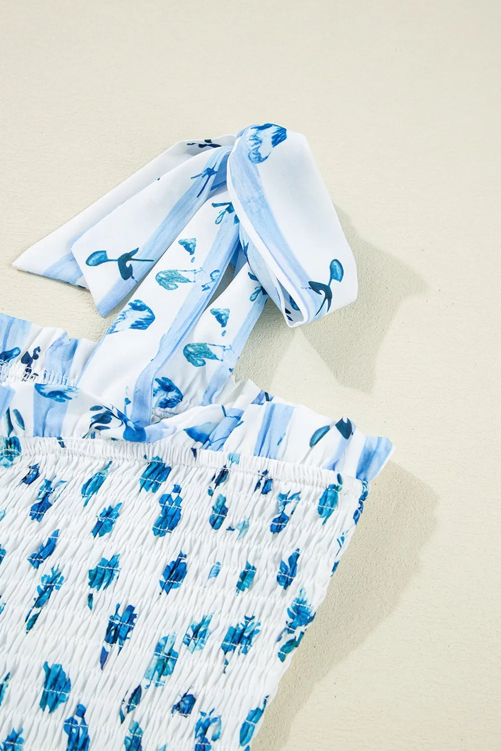 Floral Smocked Tied Straps A-Lined Tiered Dress.