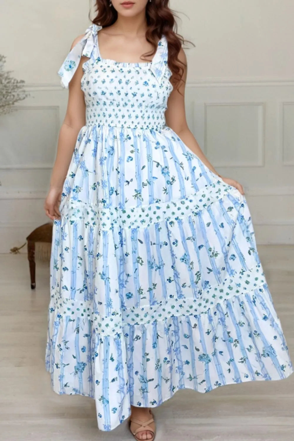 Floral Smocked Tied Straps A-Lined Tiered Dress.