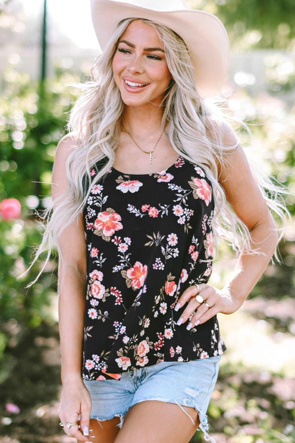 Floral spaghetti strap cami, opaque and slightly stretchy.