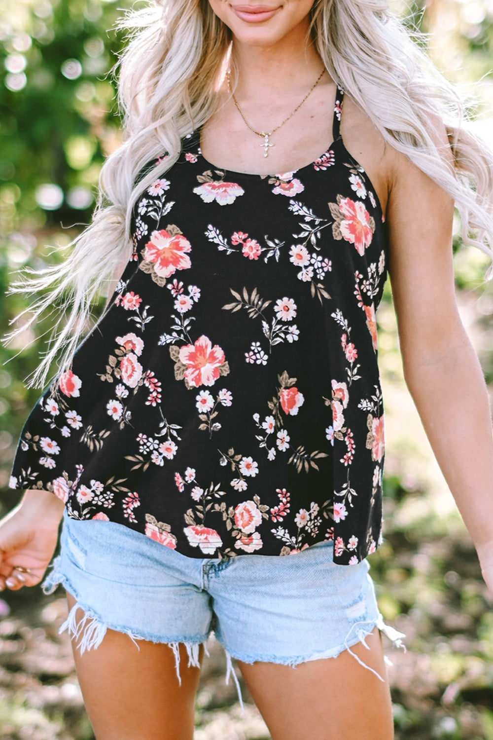 Floral spaghetti strap cami, opaque and slightly stretchy.