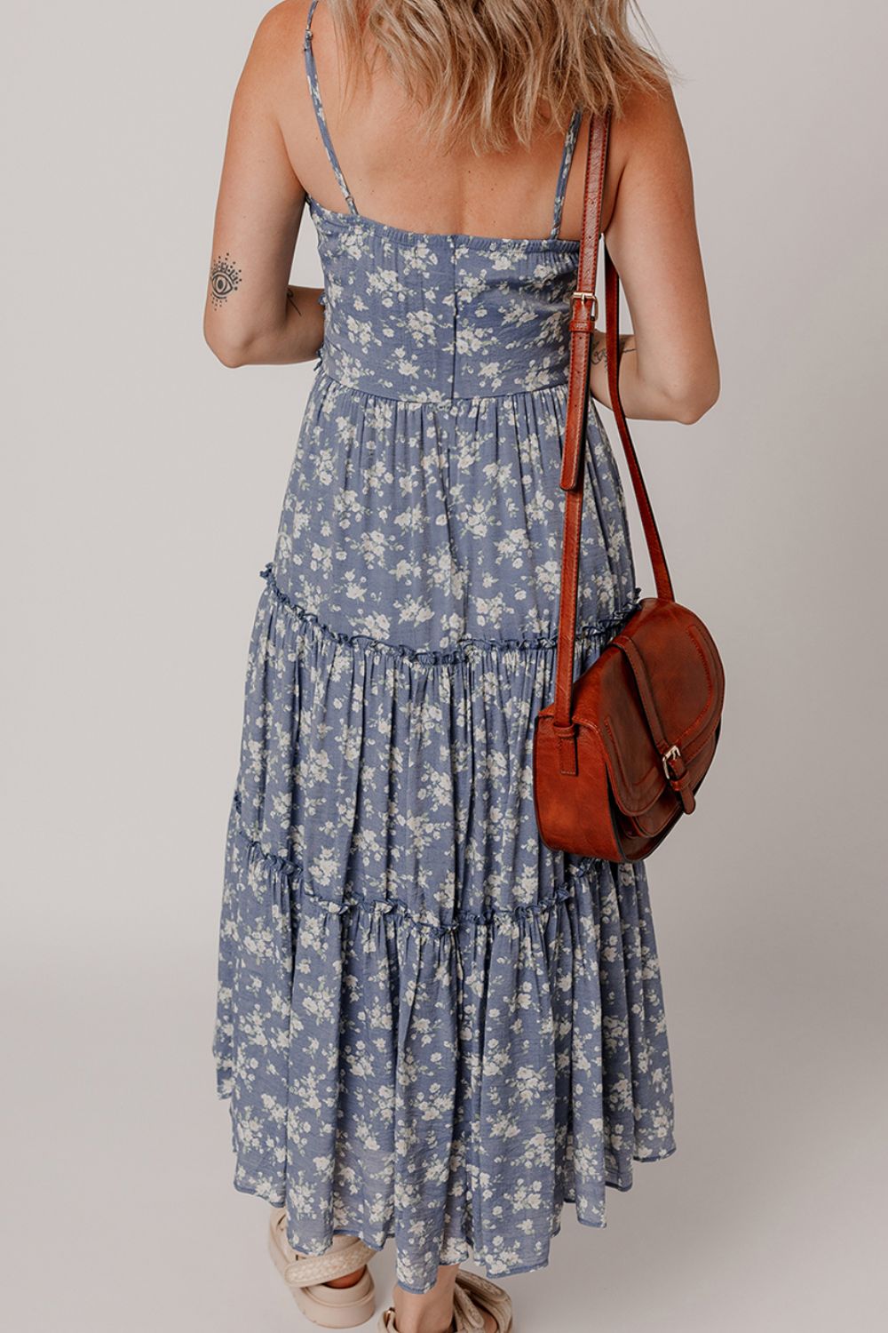 Floral Spaghetti Strap Frilled V Neck Tiered Midi Dress.
