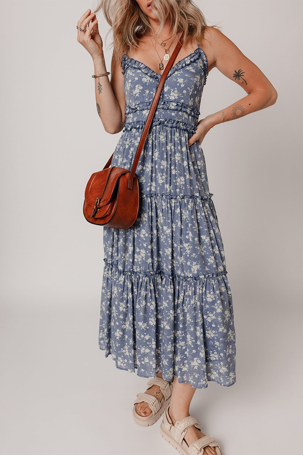 Floral Spaghetti Strap Frilled V Neck Tiered Midi Dress.
