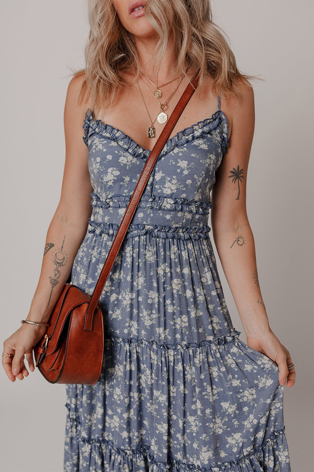 Floral Spaghetti Strap Frilled V Neck Tiered Midi Dress.