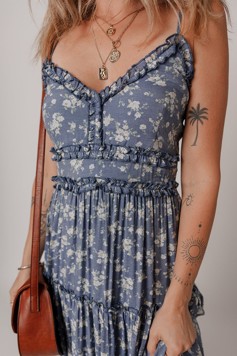 Floral Spaghetti Strap Frilled V Neck Tiered Midi Dress.
