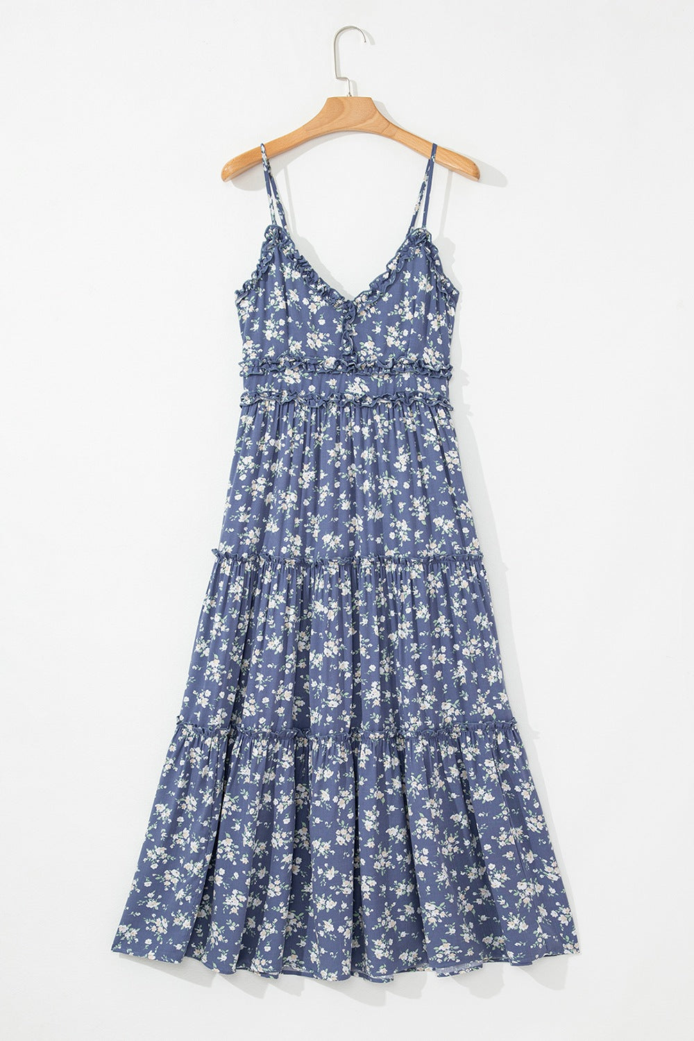 Floral Spaghetti Strap Frilled V Neck Tiered Midi Dress.