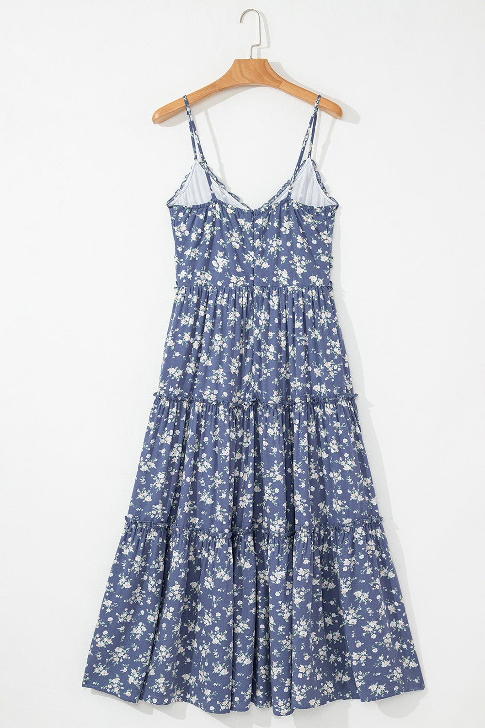 Floral Spaghetti Strap Frilled V Neck Tiered Midi Dress.