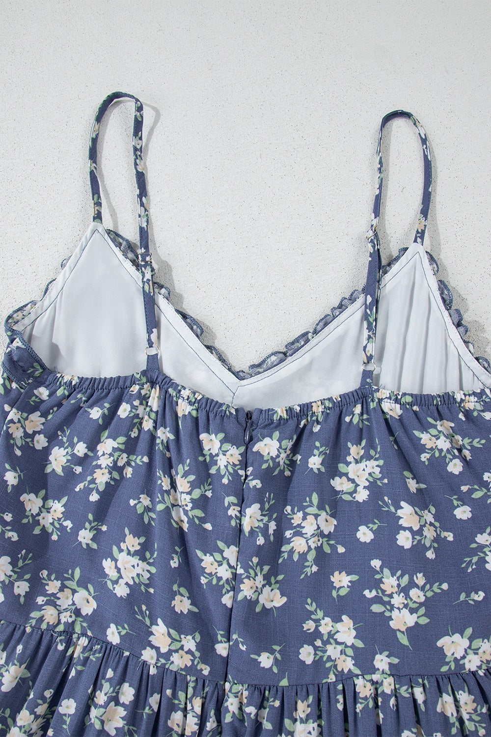 Floral Spaghetti Strap Frilled V Neck Tiered Midi Dress.