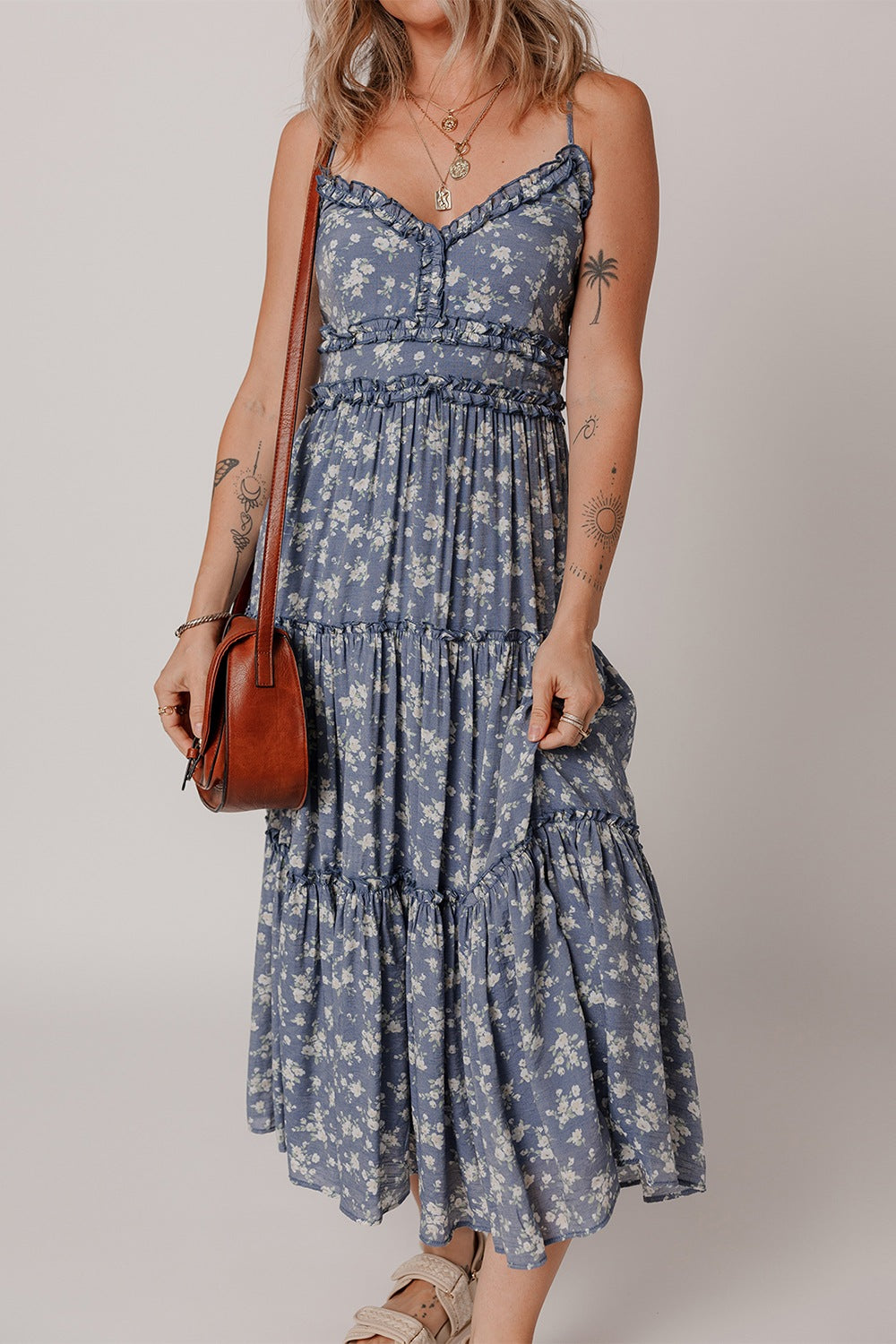 Floral Spaghetti Strap Frilled V Neck Tiered Midi Dress.