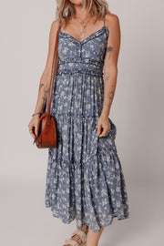 Floral Spaghetti Strap Frilled V Neck Tiered Midi Dress.