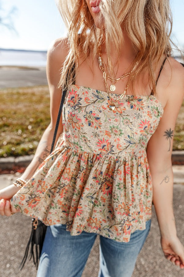 Floral spaghetti strap peplum cami, opaque.