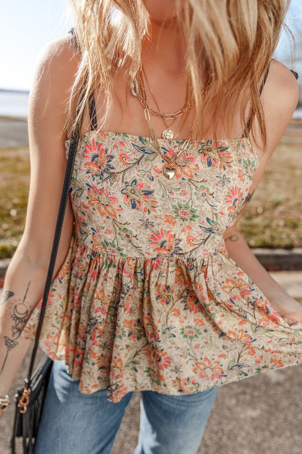 Floral spaghetti strap peplum cami, opaque.