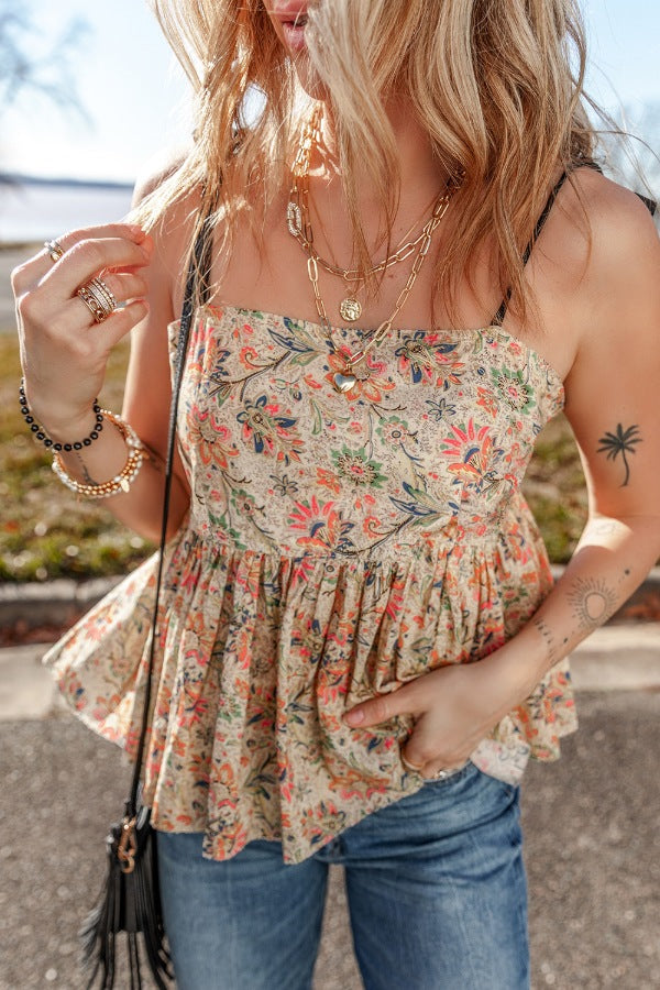 Floral spaghetti strap peplum cami, opaque.