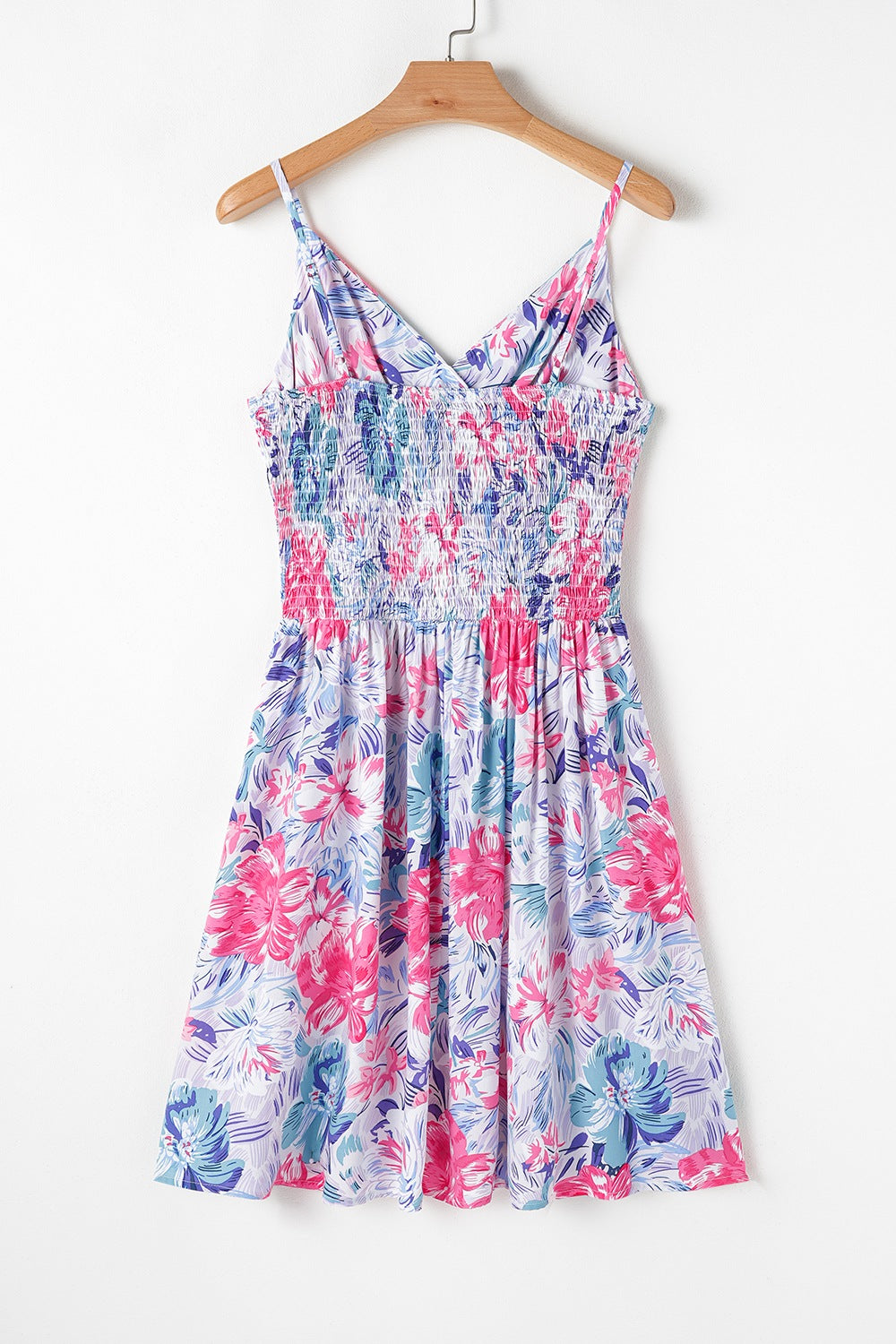 Floral Spaghetti Strap Surplice Neck Shirred Waist Mini Dress.