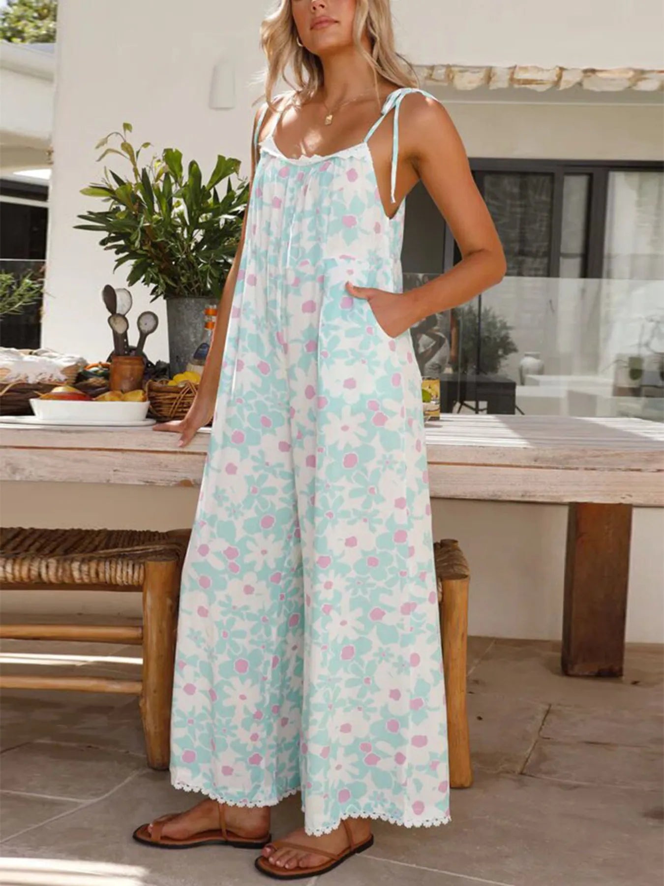 Floral Spaghetti Strap Wide Leg Jumpsuit