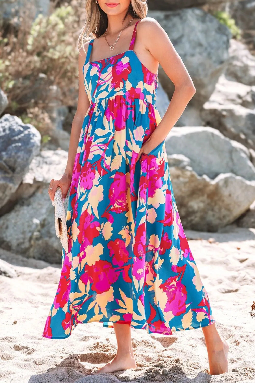 Floral Square Neck Cami Dress with Pockets.