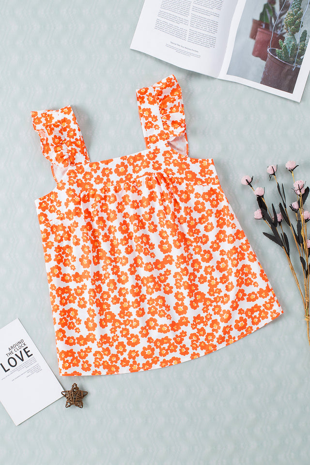 Floral square neck cap sleeve tank top with flutter sleeves.