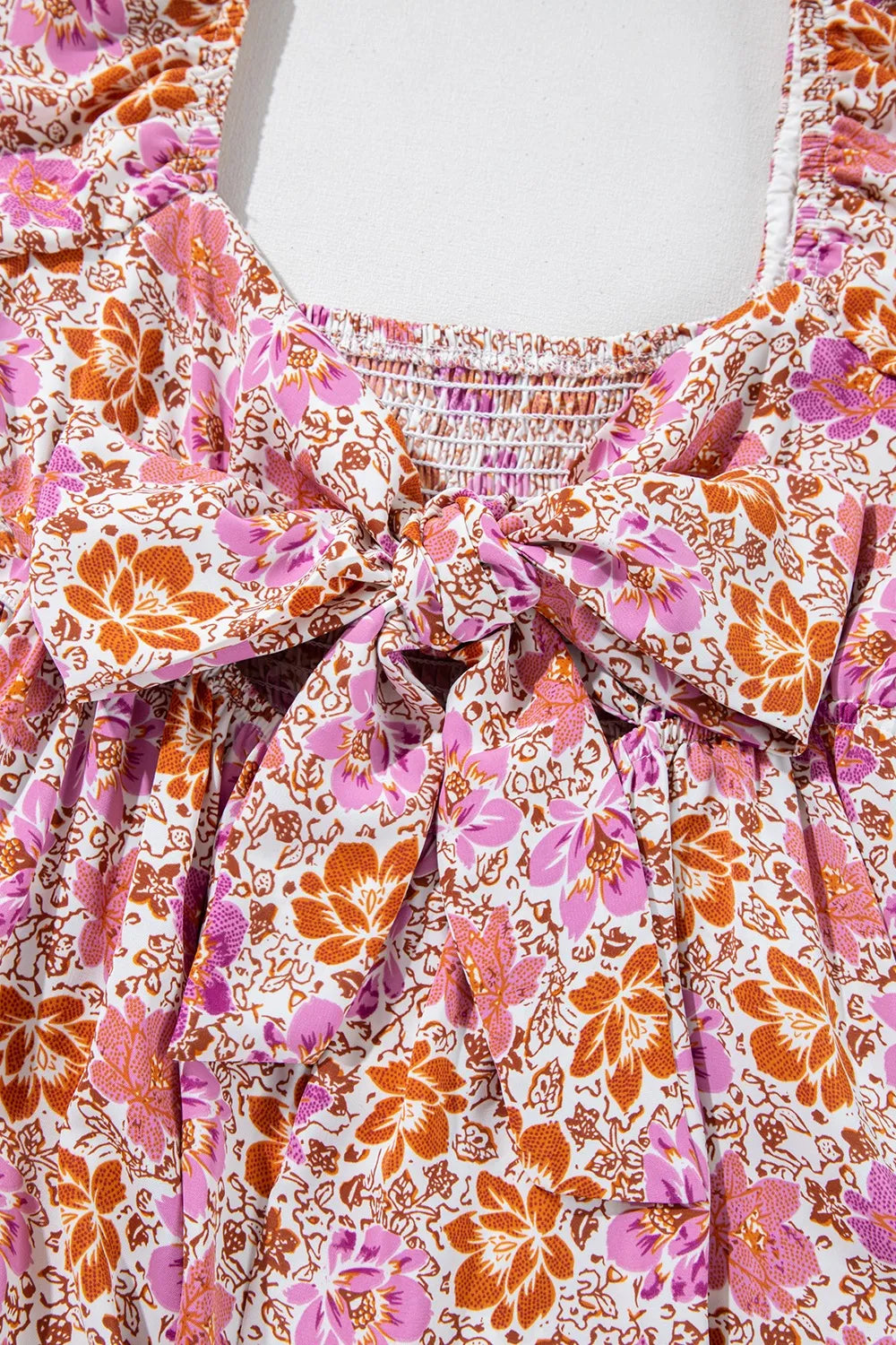 Floral Square Neck Knotted Ruffle Midi Dress.