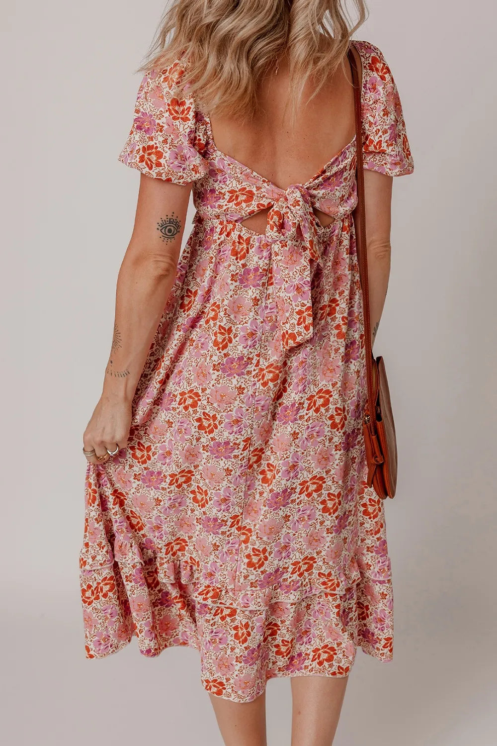 Floral Square Neck Knotted Ruffle Midi Dress.