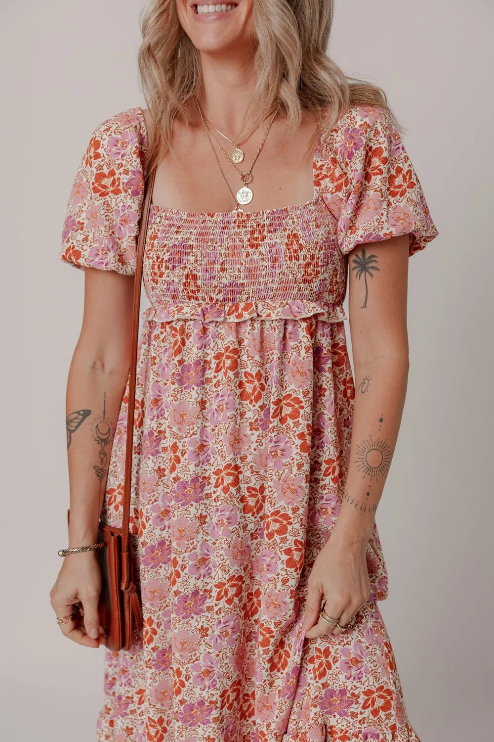 Floral Square Neck Knotted Ruffle Midi Dress.