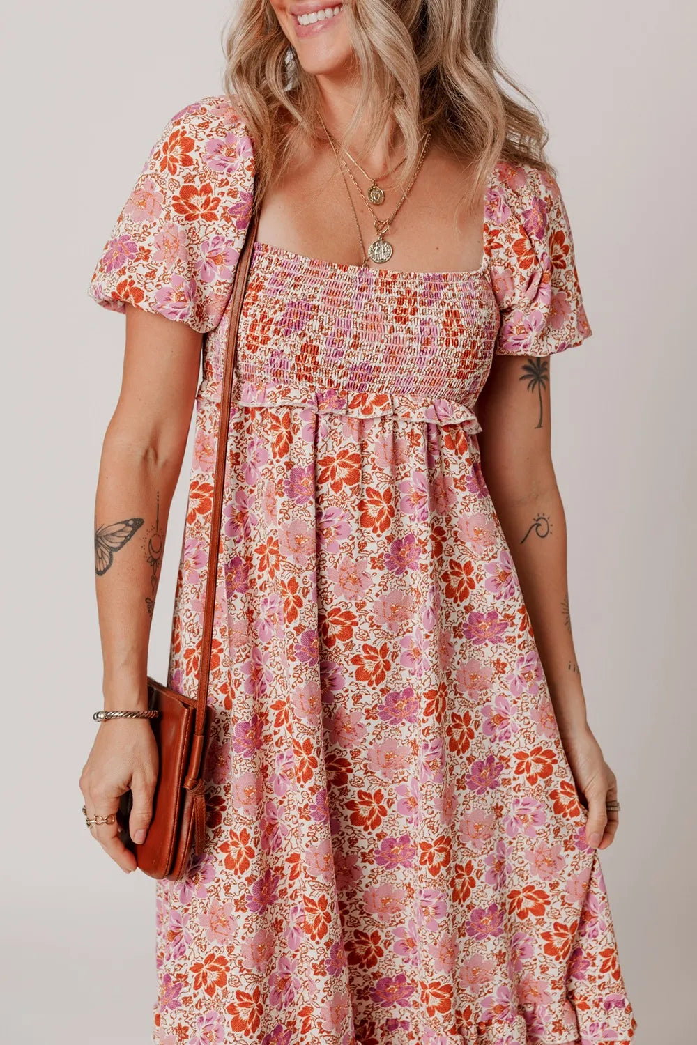 Floral Square Neck Knotted Ruffle Midi Dress.