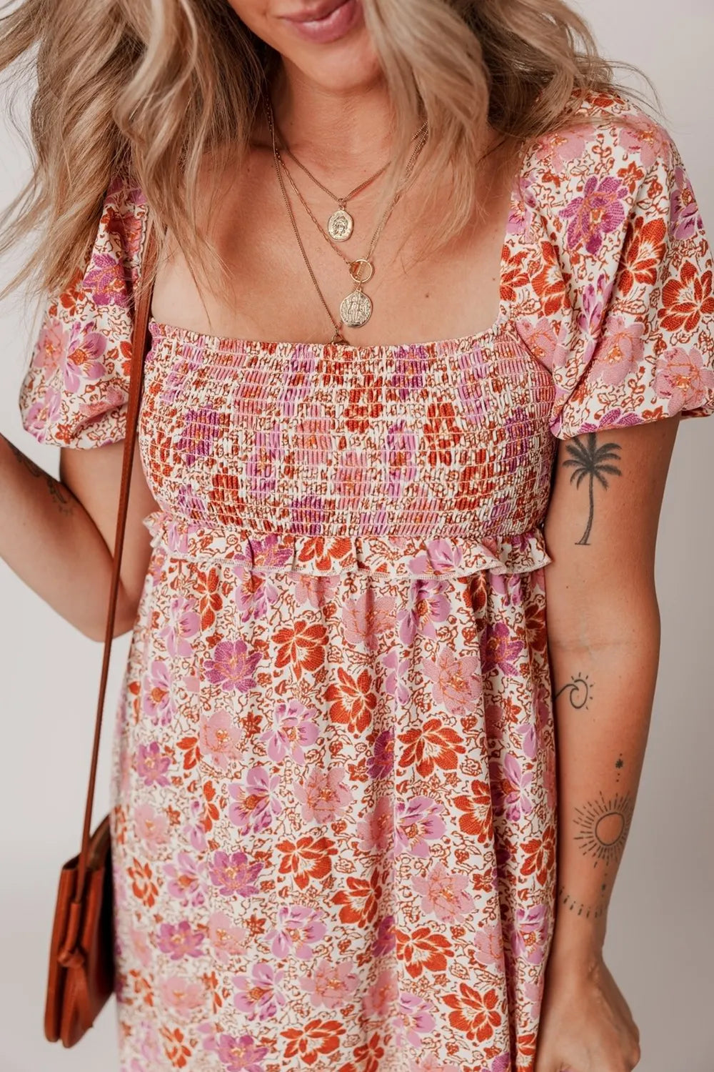 Floral Square Neck Knotted Ruffle Midi Dress.
