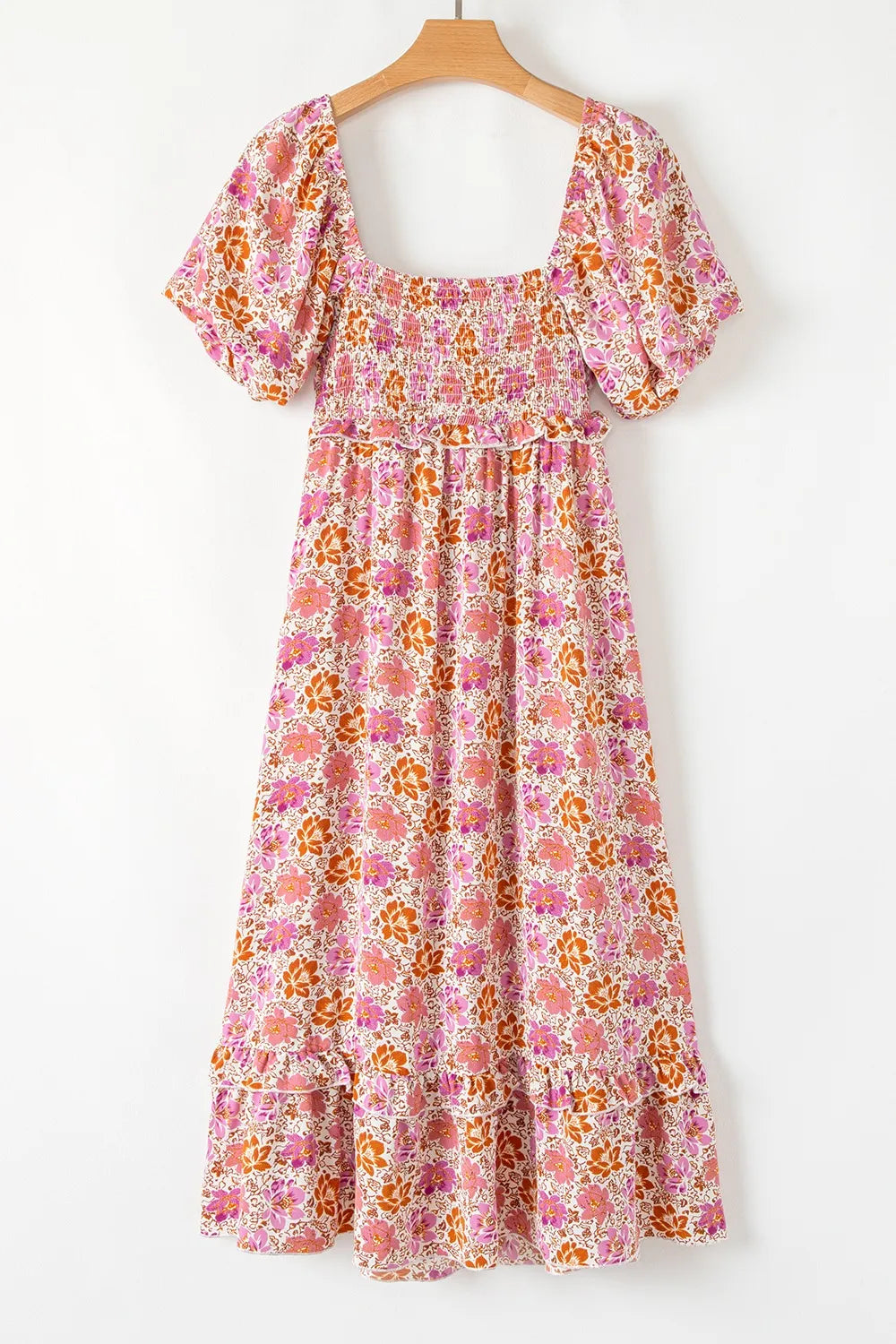Floral Square Neck Knotted Ruffle Midi Dress.