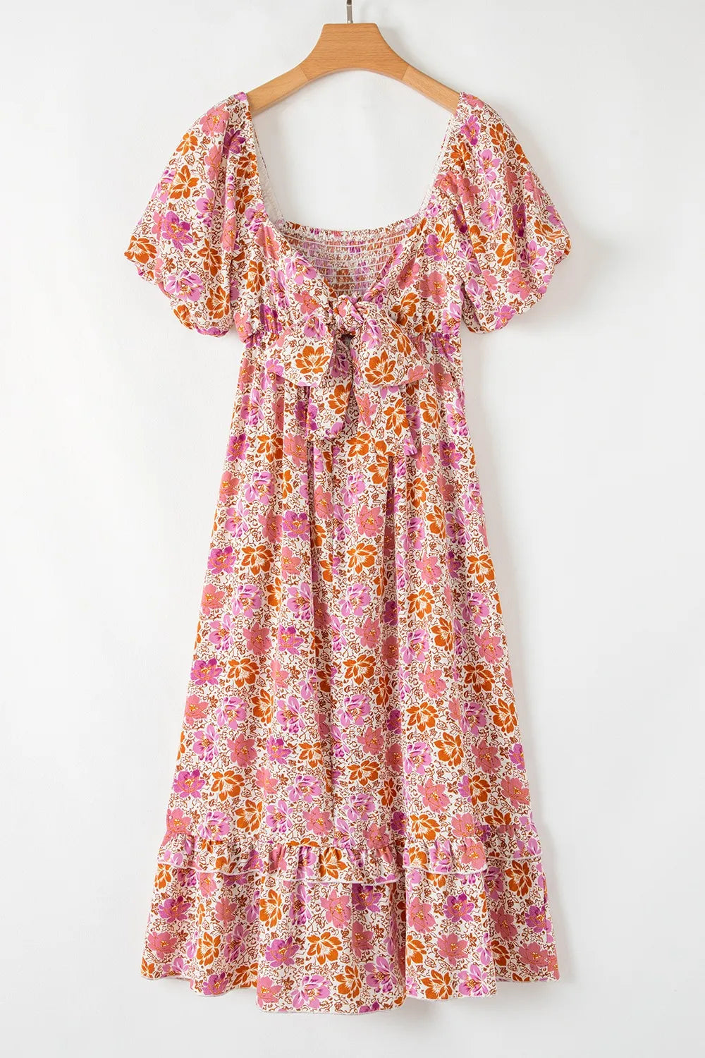 Floral Square Neck Knotted Ruffle Midi Dress.