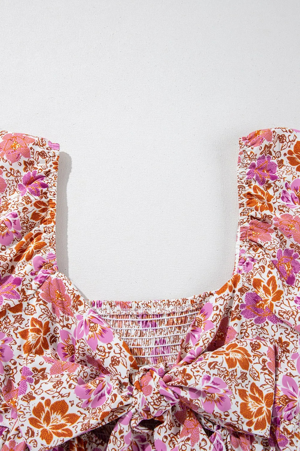 Floral Square Neck Knotted Ruffle Midi Dress.