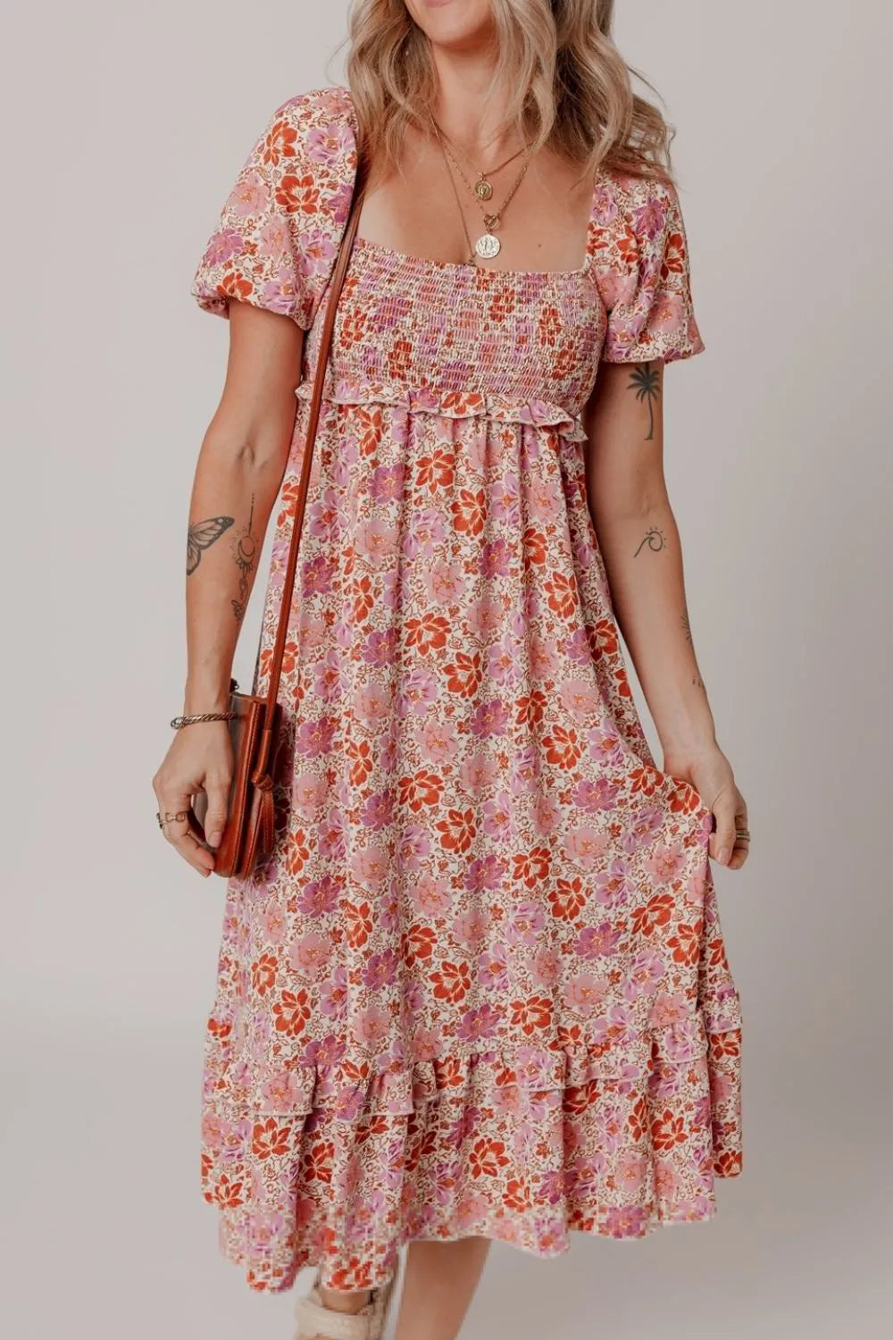 Floral Square Neck Knotted Ruffle Midi Dress.