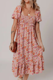 Floral Square Neck Knotted Ruffle Midi Dress.