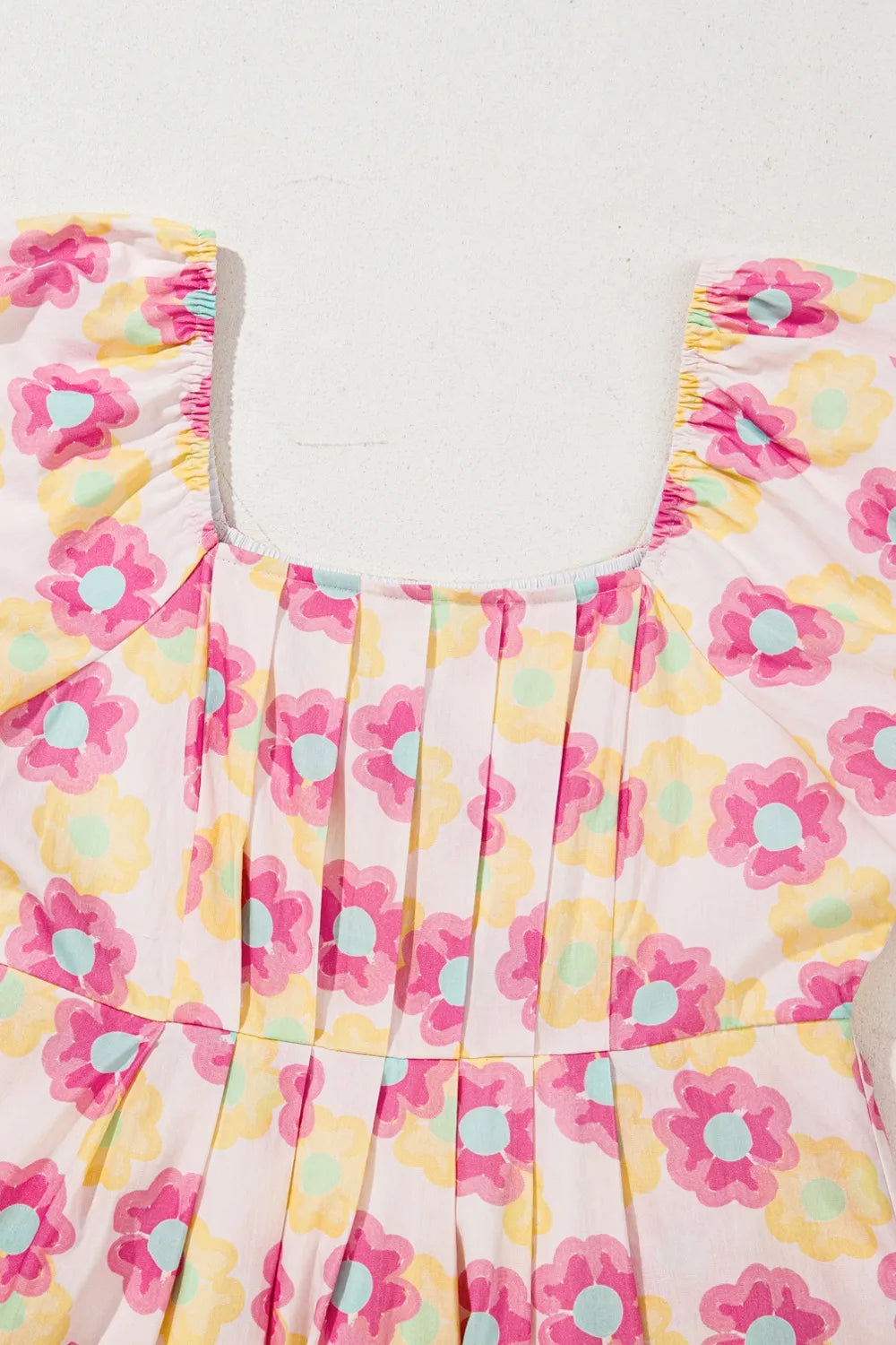 Floral Square Neck Puff Sleeve Pleated Flared Midi Dress.