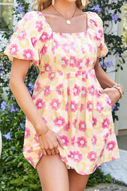 Floral Square Neck Puff Sleeve Pleated Flared Midi Dress.