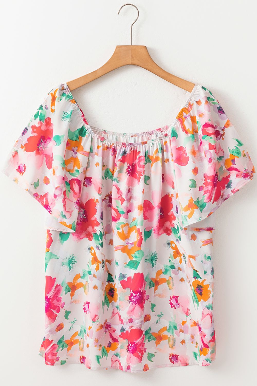 Floral square neck ruffle sleeve blouse.