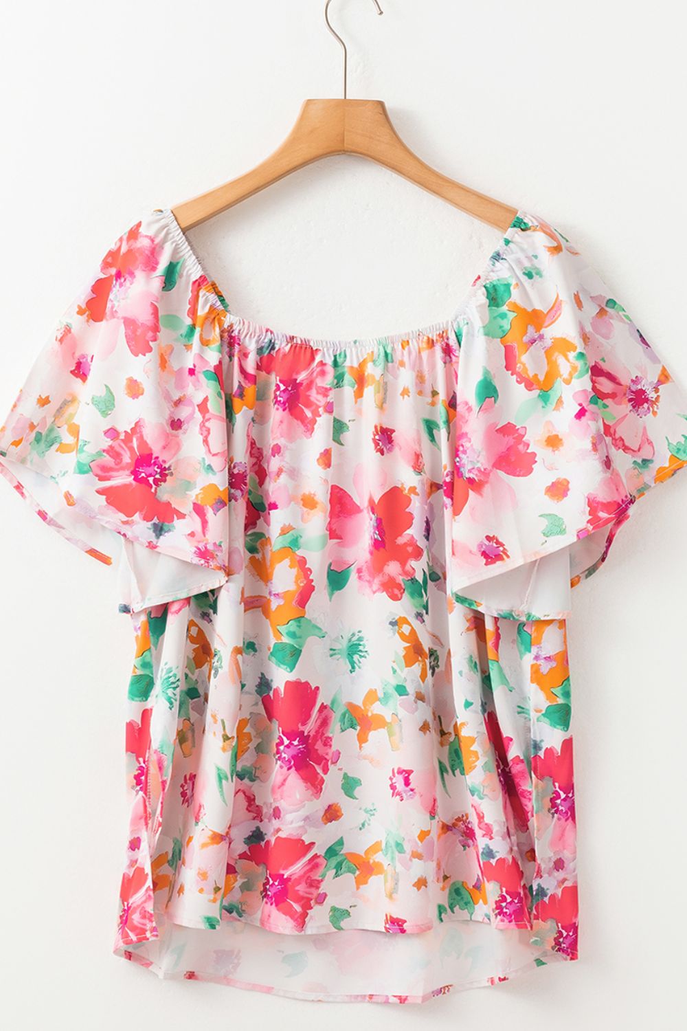 Floral square neck ruffle sleeve blouse.