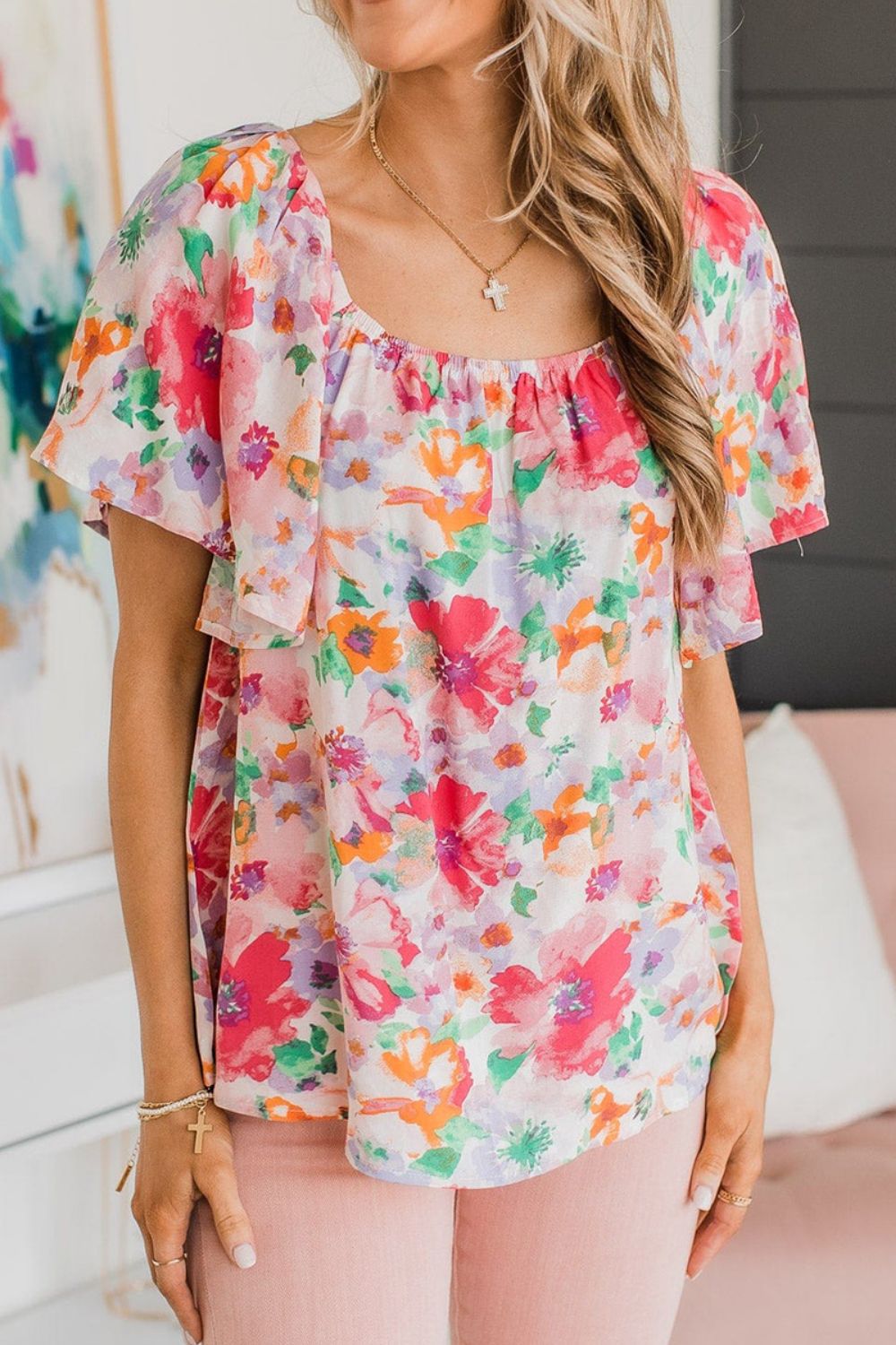 Floral square neck ruffle sleeve blouse.