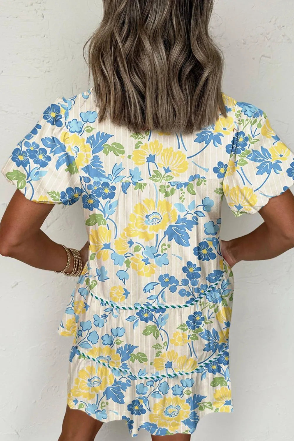 Floral Striped Trim Puff Short Sleeve Dress.