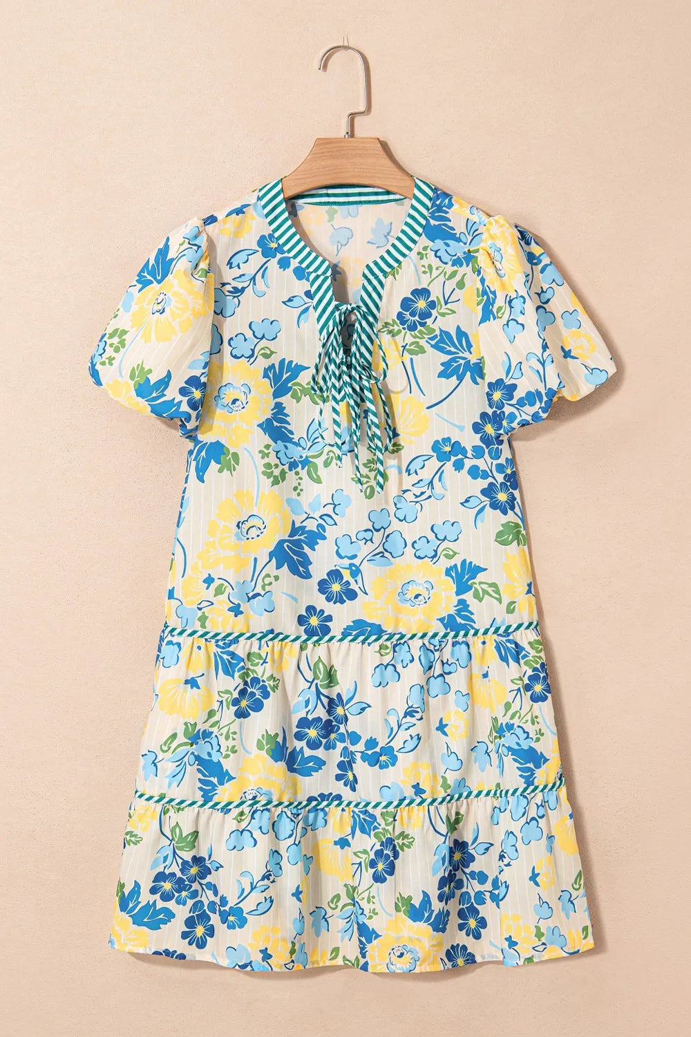 Floral Striped Trim Puff Short Sleeve Dress.