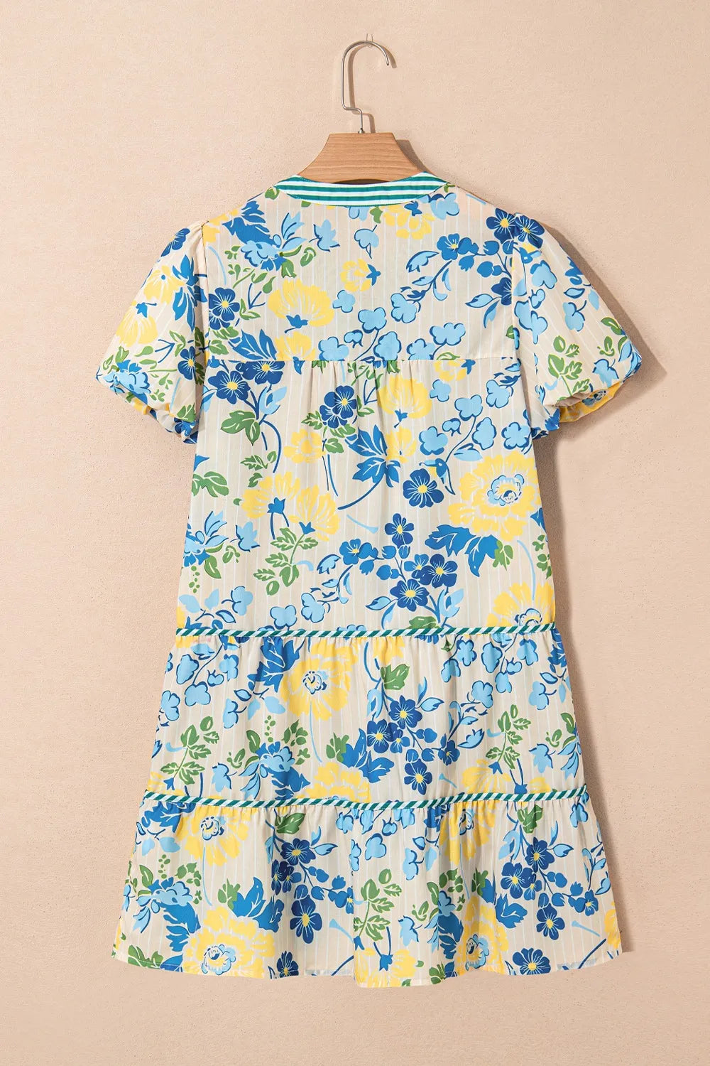 Floral Striped Trim Puff Short Sleeve Dress.