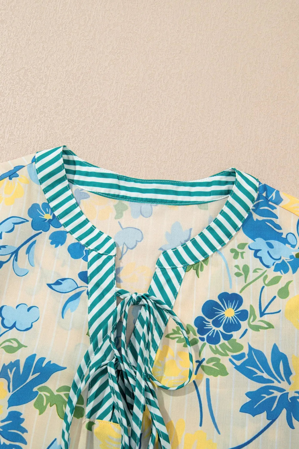 Floral Striped Trim Puff Short Sleeve Dress.