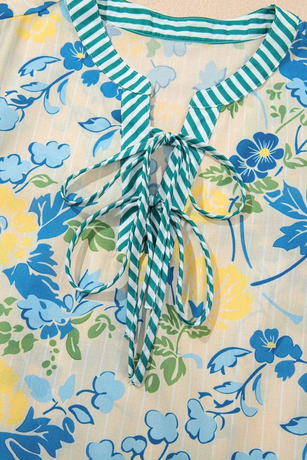 Floral Striped Trim Puff Short Sleeve Dress.