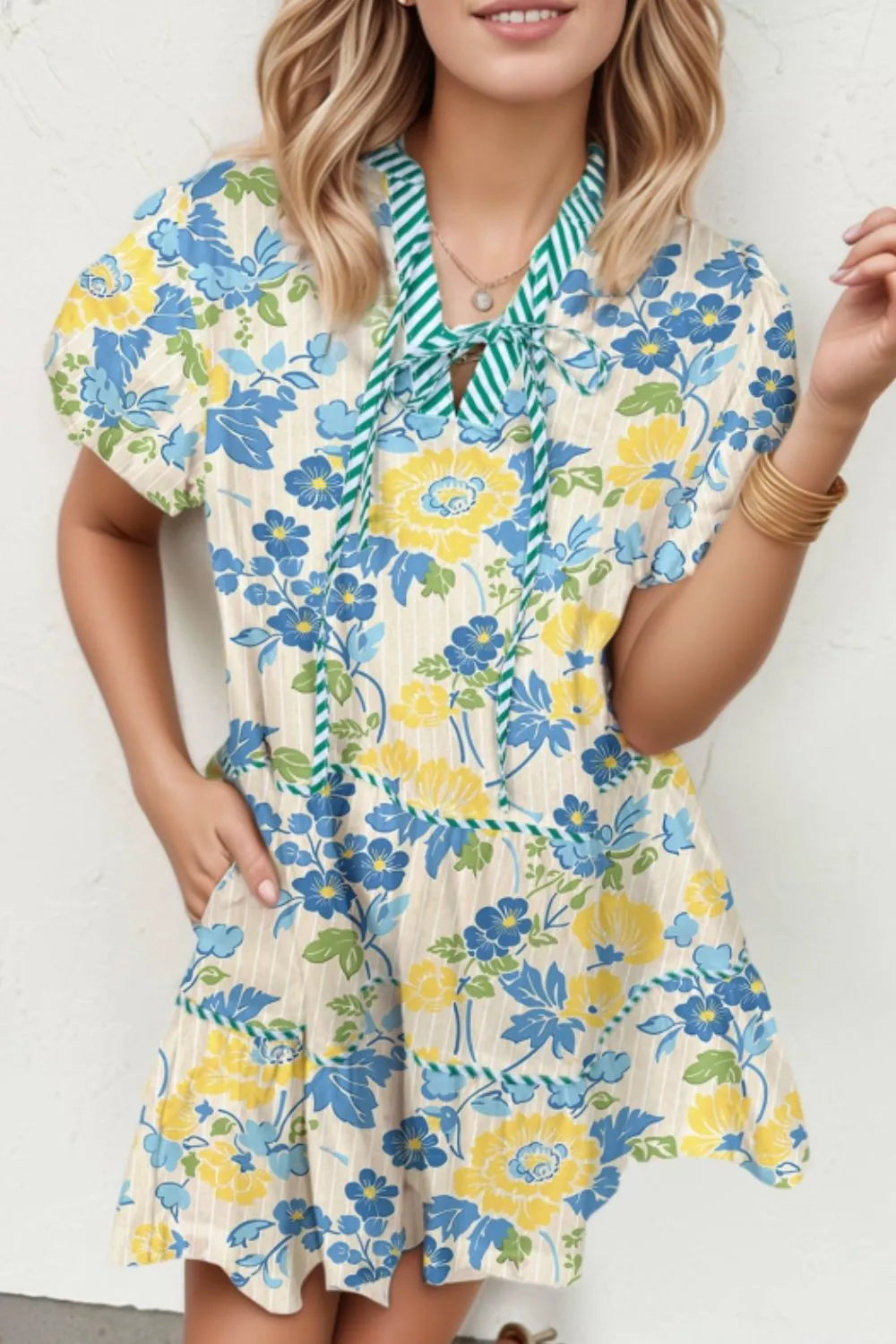 Floral Striped Trim Puff Short Sleeve Dress.
