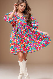Floral Tie Neck Puff Sleeve Mini Dress.