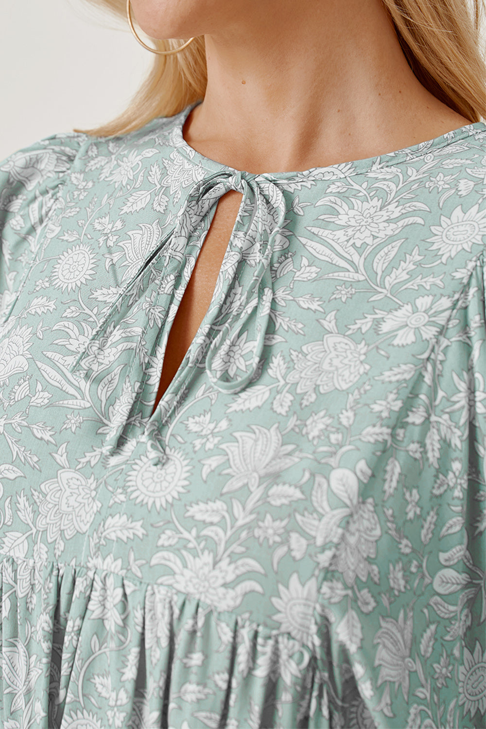 Floral Tie Neck Ruched Babydoll Dress.